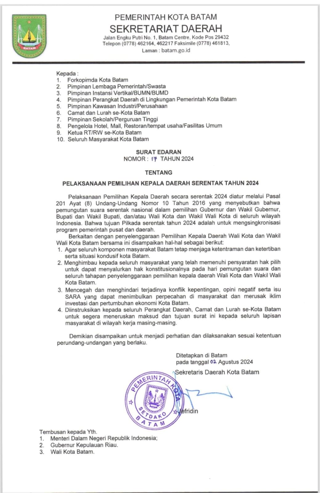 Surat Edaran Sekretariat Pemko Batam